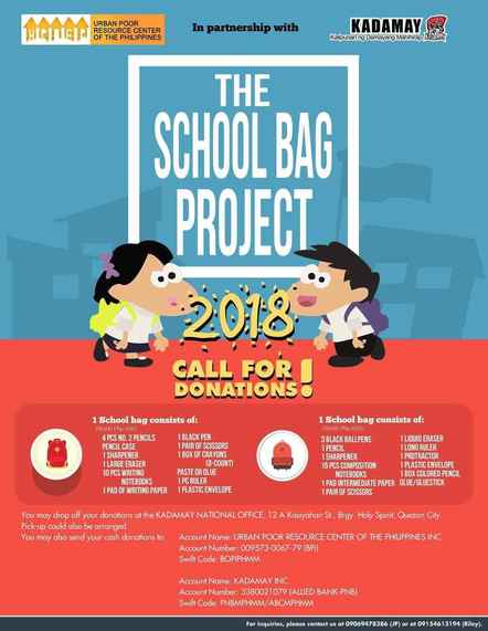 Philippines, Call for donations! Kadamay's School Bag Project
